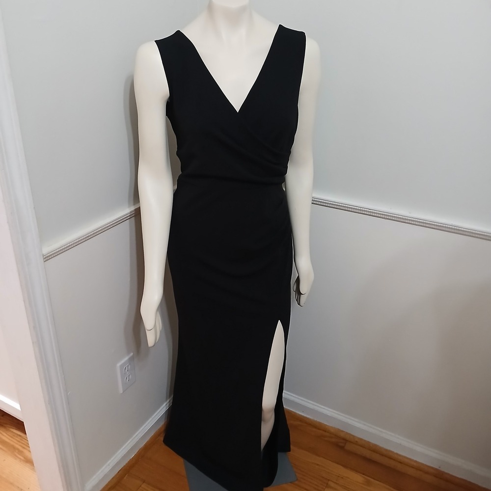 WOOSEA Women Black V Neck Sleeveless Slit Ruched Evening Gown Dress XXL NEW - Picture 2 of 7